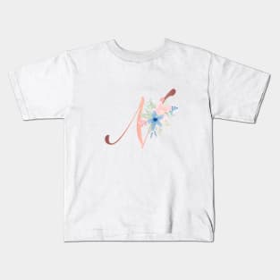 Letter N Rose Gold and Watercolor Blush Pink and Navy Kids T-Shirt
